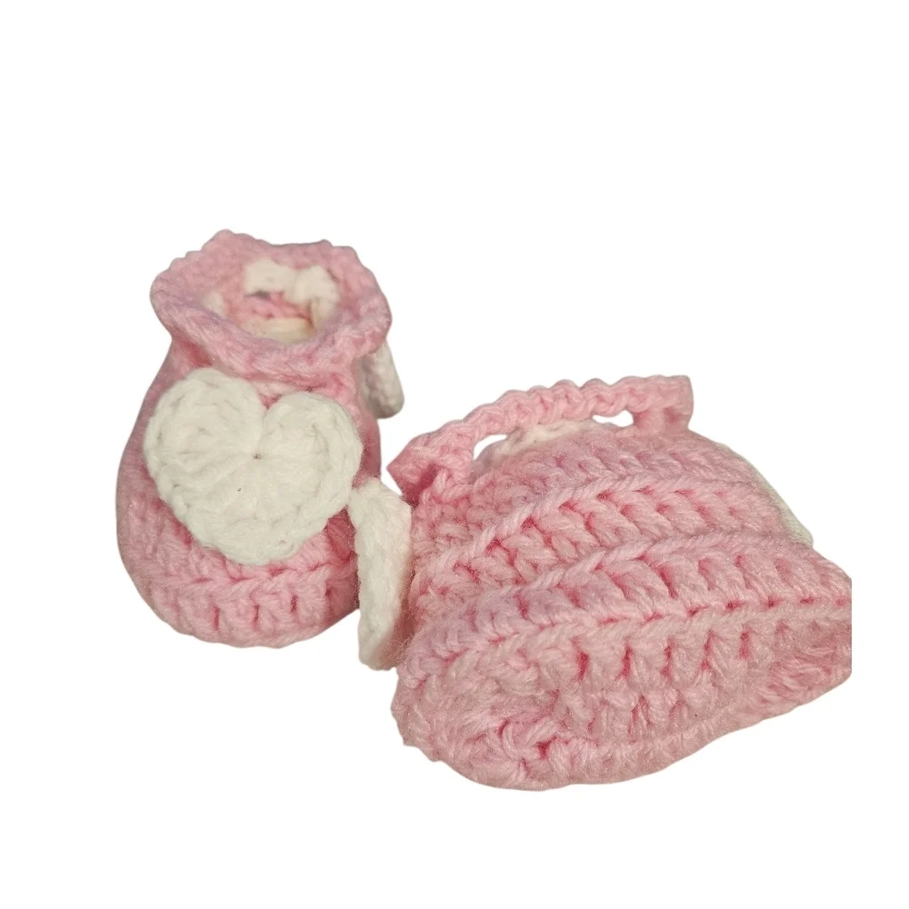 Hand Crafted Pink Crochet Baby Booties with Heart Design hand Knit Handmade 5